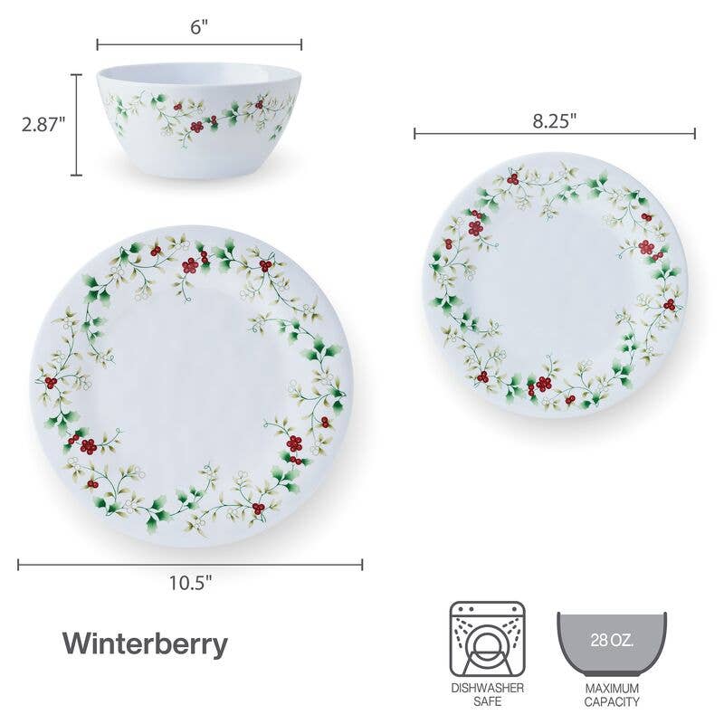 Winterberry Melamine 24Pc Set Brown Box Pkg: RED|GREEN / Melamine / CHRISTMAS