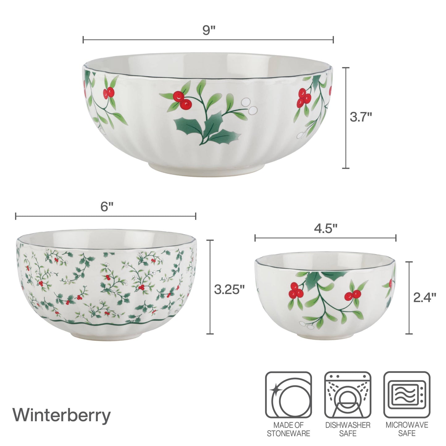 Winterberry Scllp Bowls Micro Macro S3 Brown Box Pkg: RED|GREEN / Stoneware / CHRISTMAS