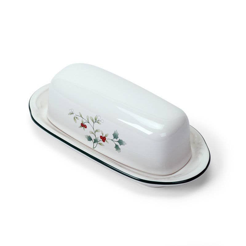 Winterberry Covered Butter Dish: RED|GREEN / Stoneware / CHRISTMAS