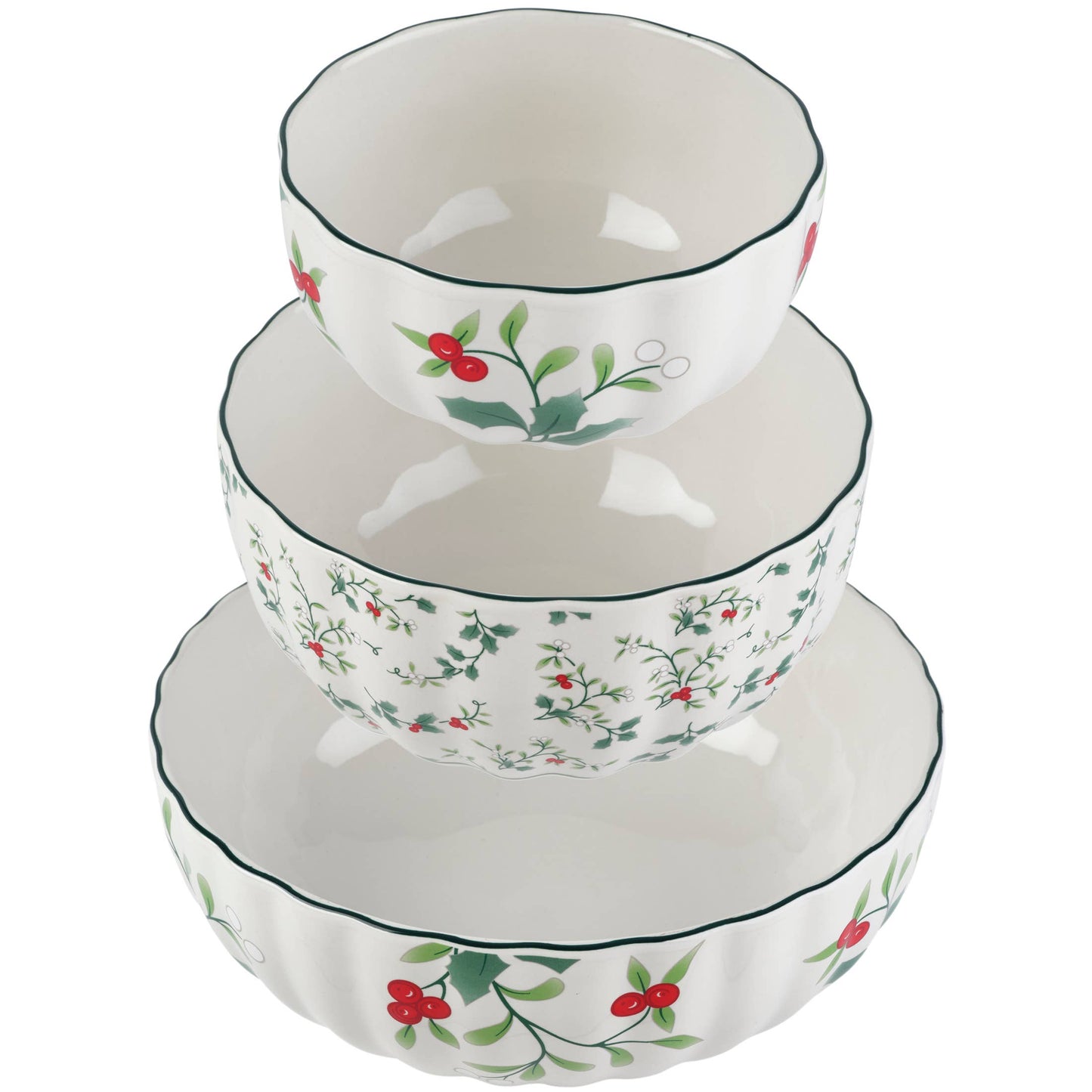 Winterberry Scllp Bowls Micro Macro S3 Brown Box Pkg: RED|GREEN / Stoneware / CHRISTMAS