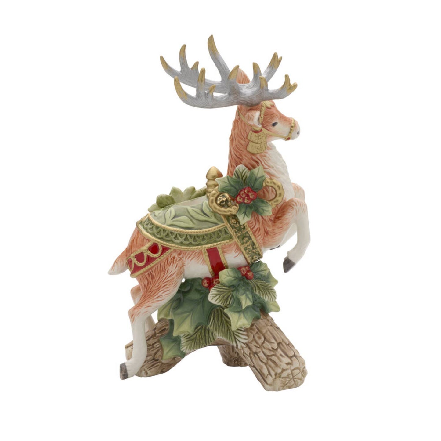 Fitz & Floyd Holiday Hme Green Deer CndleHolder Gift Box Pkg: Green / Earthenware / Holiday
