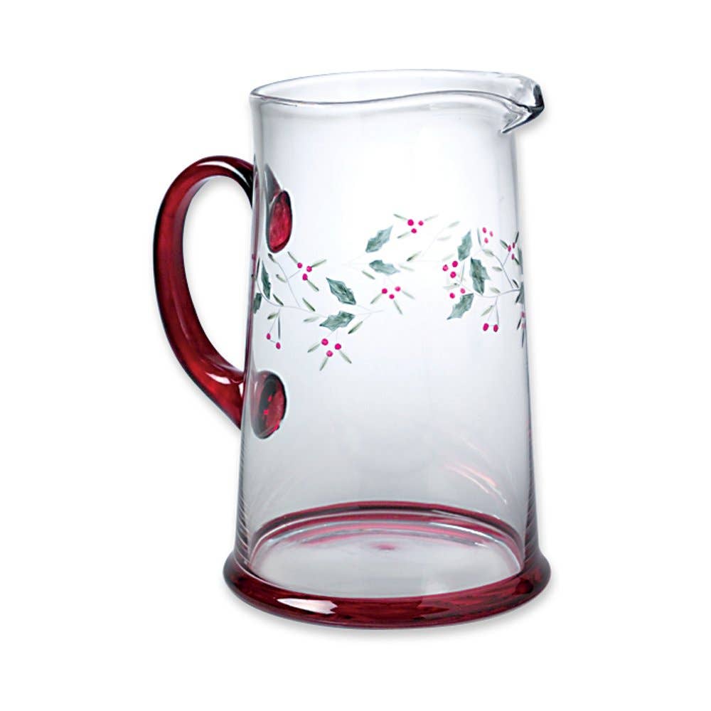 Winterberry 2.5 Qt Hand painted Water Pitcher: RED|GREEN / Glass / CHRISTMAS