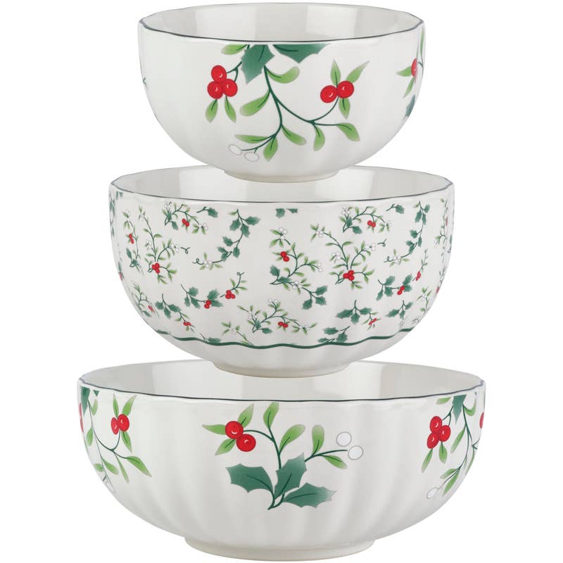 Winterberry Scllp Bowls Micro Macro S3 Brown Box Pkg: RED|GREEN / Stoneware / CHRISTMAS