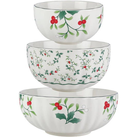 Winterberry Scllp Bowls Micro Macro S3 Brown Box Pkg: RED|GREEN / Stoneware / CHRISTMAS
