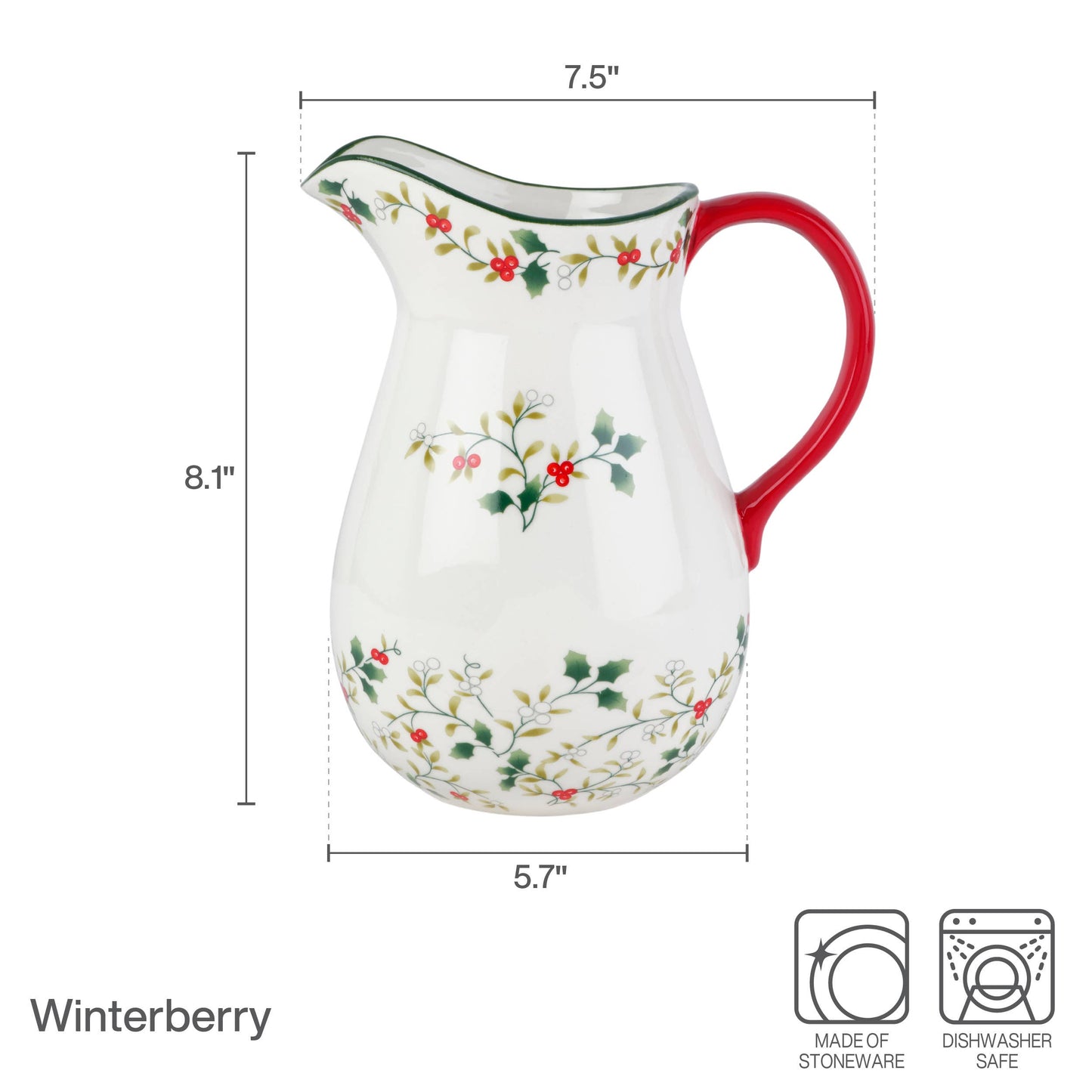Winterberry 48Oz Pitcher Photo Box: RED|GREEN / Stoneware / CHRISTMAS